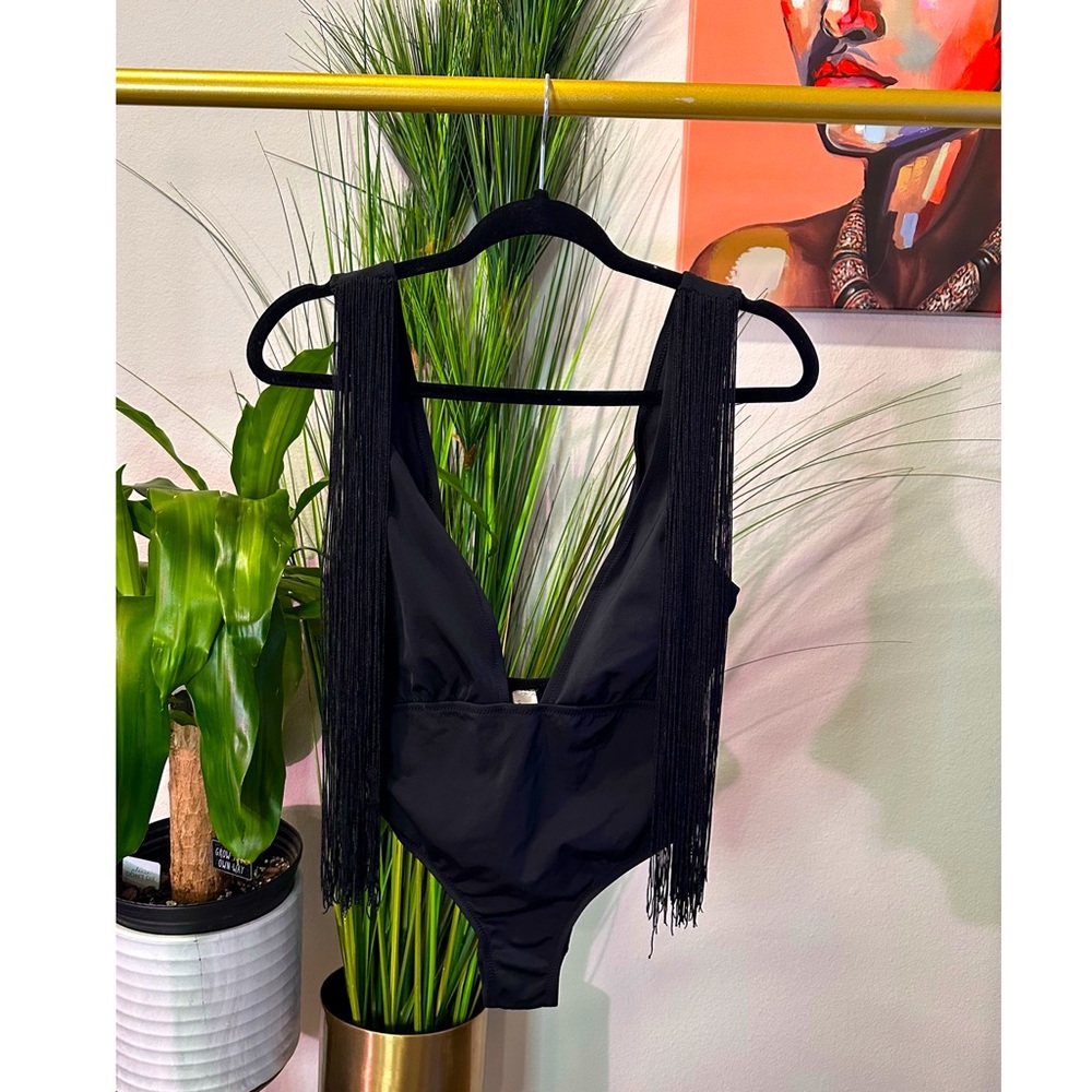 ASOS Black One Piece Double Deep V Swimsuit w/ Fringe - Size 8